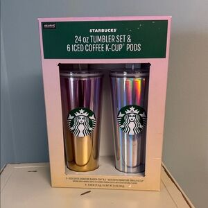 Starbucks Gold and Silver Tumbler Set with K-Cup Pods NIB great gift Keurig